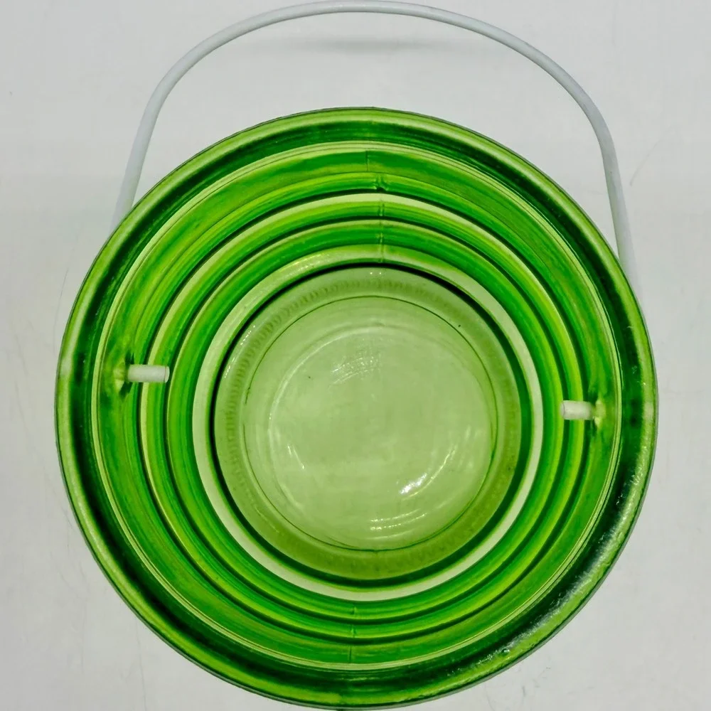 Green Ribbed Beehive Glass Lantern Votive Candle Holder with Wire Handle Vintage